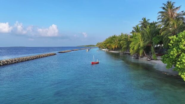 Aerial view of tropical coastline and boats in Kendhoo Maldives. Aerial view of tropical coastline and boats in Kendhoo Maldives.