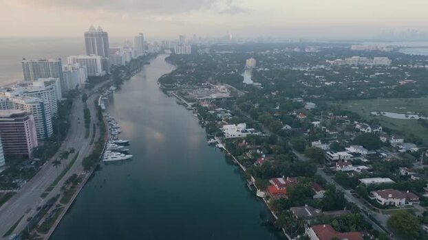 Aerial view of Miami Beach waterway and skyline United States.