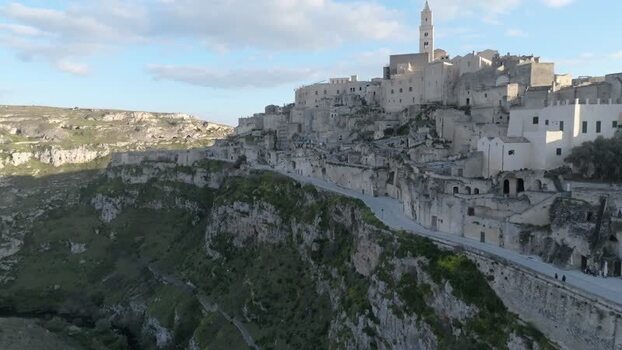 Aerial view of Sassi di Matera historic stone dwellings Italy.