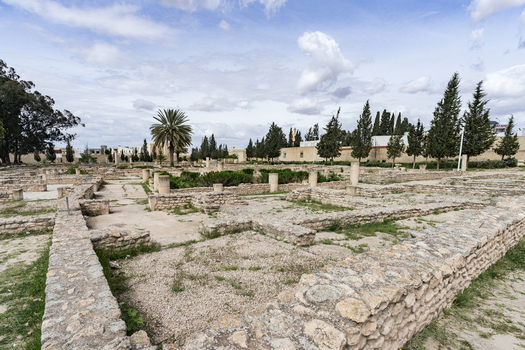 View of the ancient stone ruins and archaeological site near the Amphitheatre of El Jem with weathered walls stone columns and cypress trees in El Jem Gouvernorat de Mahdia Tunisia.