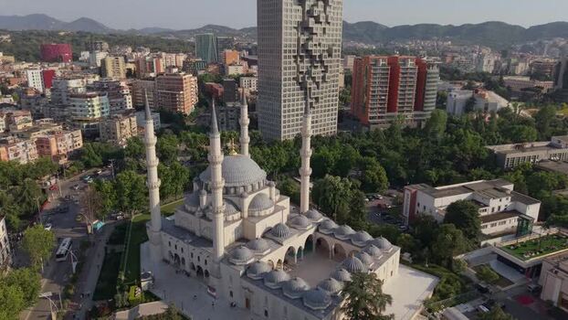 Aerial view of the Great Mosque of Tirana and skyline Albania.