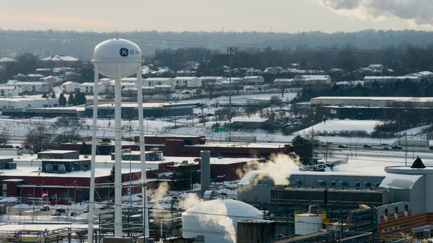 Reading United States 29 January 2026 Aerial view of the GE Aerospace facility with its iconic water tower snow covered industrial buildings and rising steam in a winter landscape. Reading United States 29 January 2026 Aerial view of the GE Aerospace facility with its iconic water tower snow covered industrial buildings and rising steam in a winter landscape.