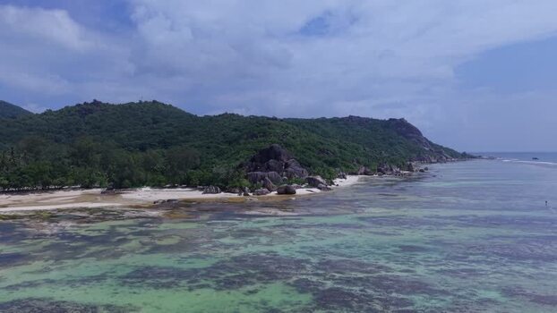 Aerial view of Anse Reunion beach Seychelles.