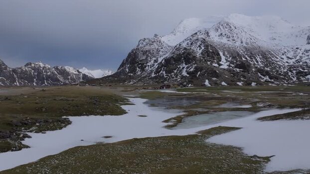 Aerial view of Lofoten mountains in Vagan Municipality Norway.