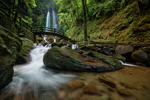View of Jumog Waterfall cascading through lush tropical greenery with a wooden bridge over a rocky stream Karanganyar Central Java Indonesia.