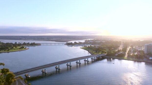 Aerial view of bridge over water San Diego United States.