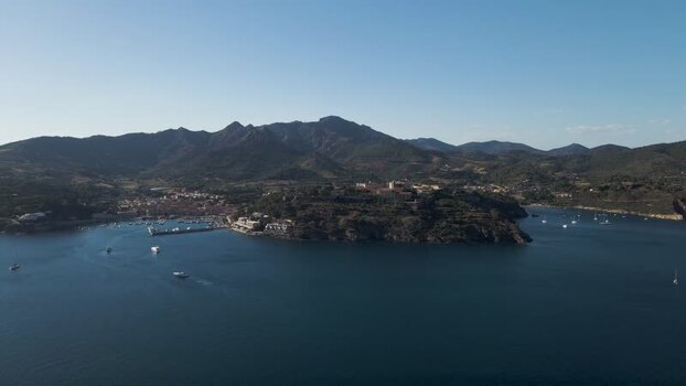 Aerial View of Porto Azzurro bay on Elba Island Tuscany Italy.
