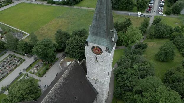 Aerial view of Vaduz Cathedral tower Liechtenstein.