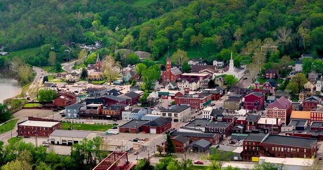 Aerial view of historic downtown and church steeples United States. Aerial view of historic downtown and church steeples United States.