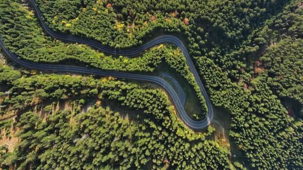 Aerial view of winding road in Transylvania Romania.