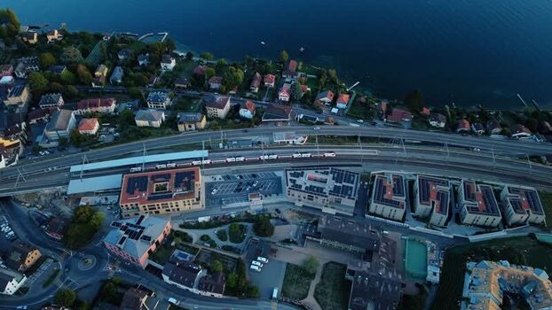 Aerial view of Cully train station and residential area Switzerland.