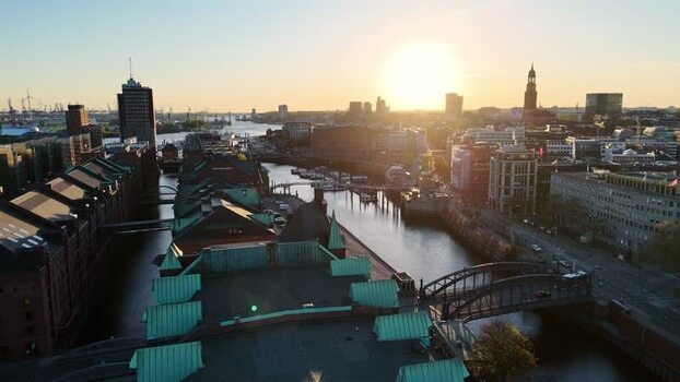 Aerial view of Speicherstadt district and canals at sunset Germany. Aerial view of Speicherstadt district and canals at sunset Germany.