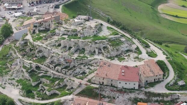 Aerial view of the ruins of Castelluccio Italy.