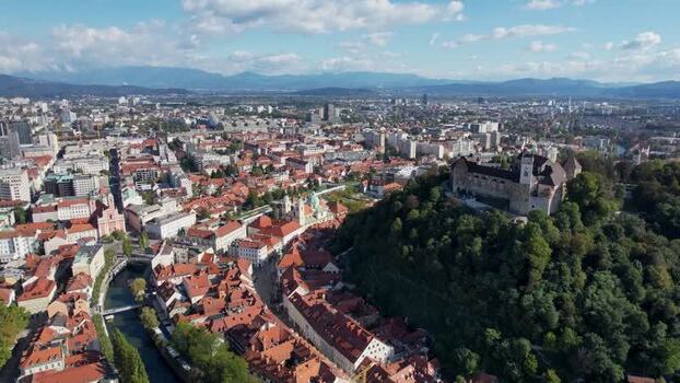 Aerial view of Ljubljana Castle and the old town Slovenia.