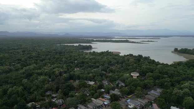 Aerial view of forest and lake landscape in Sri Lanka.