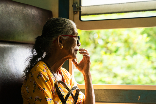 Sri Lanka 06 February 2026 View of an elderly woman sitting on a train and looking out the window at the lush green landscape.