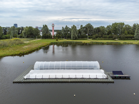 Aerial view of a white tent floating on the dark rippled water with a red and white lighthouse standing tall in the green distance Utopia Almere Flevoland Netherlands.