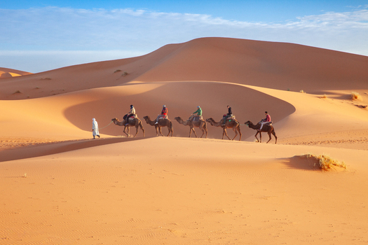 View of a caravan of people riding camels across the vast orange sand dunes of the Sahara Desert in Morocco.