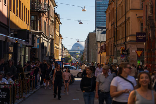 Stockholm Sweden 02 May 2026 View of Gotgatan street crowded with people and the Avicii Arena visible in the background under a clear sky.