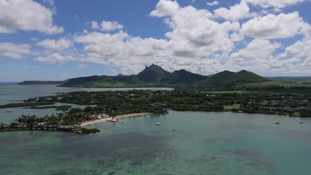 Aerial view of Ile aux Cerfs and lagoon Mauritius.