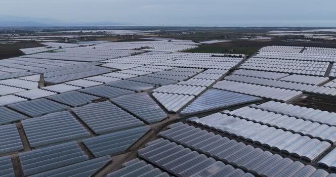 Aerial view of vast greenhouses in Paestum Italy.