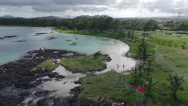 Aerial view of Belle Mare Beach in Quatre Cocos Mauritius.