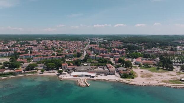 Aerial view of Porec coastline and town Croatia.
