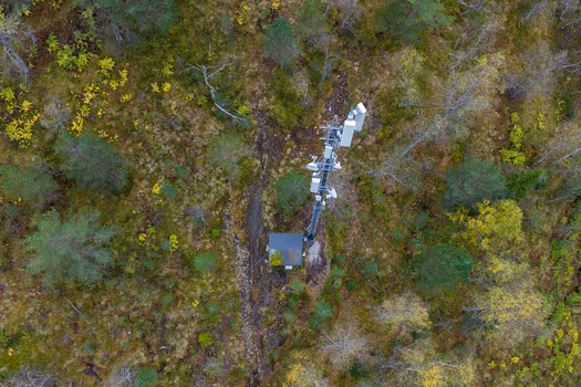 Aerial view of a telecommunications tower with antennas and a small equipment building situated in a dense forest with autumn foliage and a dirt path in Fjord More og Romsdal Norway.