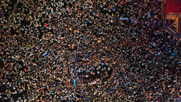 Buenos Aires Argentina 15 July 2026 Aerial view of a massive crowd of people celebrating in the streets at night at the Cabildo and Juramento intersection in Belgrano. Buenos Aires Argentina 15 July 2026 Aerial view of a massive crowd of people celebrating in the streets at night at the Cabildo and Juramento intersection in Belgrano.