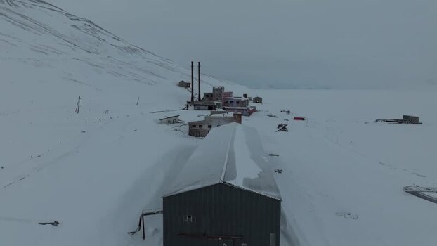 Aerial view of the abandoned Pyramiden site Svalbard and Jan Mayen.