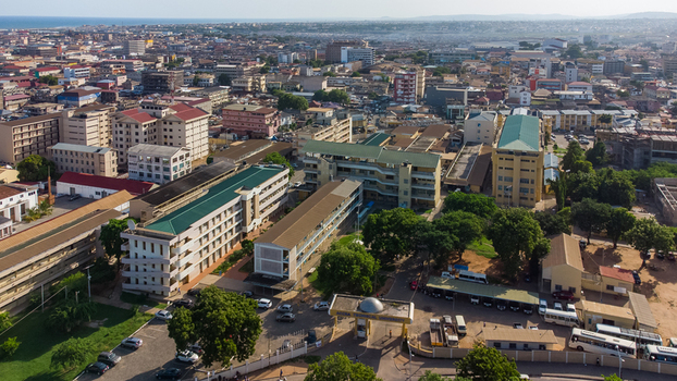 Aerial view of Accra Technical University campus with academic buildings green spaces and parking areas in Accra Greater Accra Region Ghana. Aerial view of Accra Technical University campus with academic buildings green spaces and parking areas in Accra Greater Accra Region Ghana.