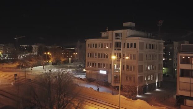 Aerial view of a building at night in Rovaniemi Finland. Aerial view of a building at night in Rovaniemi Finland.