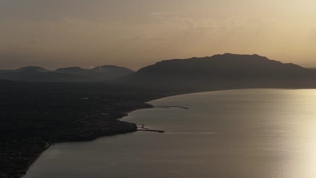 Aerial view of the Terrasini coastline at sunset Italy.