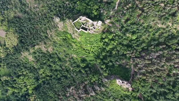 Aerial view of the medieval castle ruins in Ribeauville France. Aerial view of the medieval castle ruins in Ribeauville France.