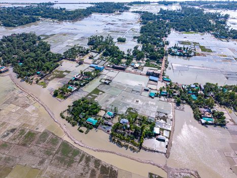 Aerial view of flooded agricultural fields and rural houses surrounded by lush greenery in Banshkhali Upazila Chittagong Division Bangladesh. Aerial view of flooded agricultural fields and rural houses surrounded by lush greenery in Banshkhali Upazila Chittagong Division Bangladesh.
