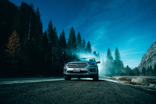 View of a silver Ford SUV parked on a road at night surrounded by pine trees under a starry sky in the United States of America. View of a silver Ford SUV parked on a road at night surrounded by pine trees under a starry sky in the United States of America.