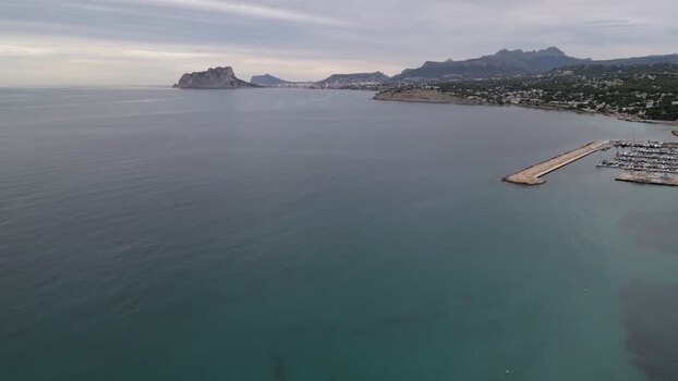 Aerial view of the Moraira coastline and marina Spain.