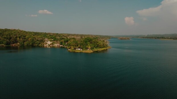 Aerial view of Island of Flores in Peten Department Guatemala.