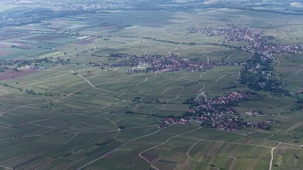 Aerial view of Ribeauville vineyards and town France. Aerial view of Ribeauville vineyards and town France.