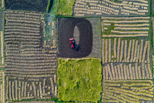 Aerial view of a tractor plowing a field surrounded by a patchwork of harvested agricultural plots in Panchagarh Rangpur Division Bangladesh. Aerial view of a tractor plowing a field surrounded by a patchwork of harvested agricultural plots in Panchagarh Rangpur Division Bangladesh.