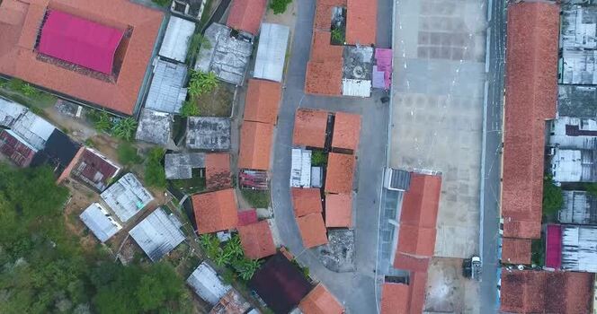 Aerial view of Cepe village with red tiled rooftops Venezuela.