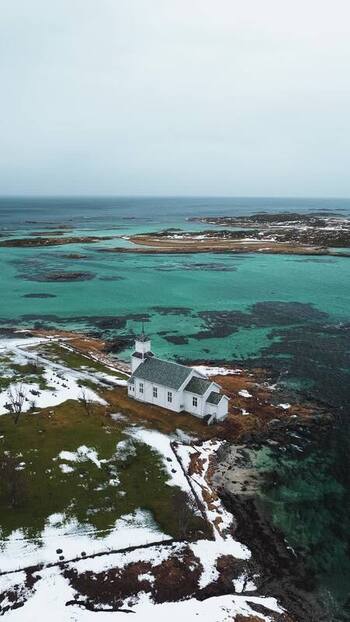 Aerial view of Gims&oslash;y Kirke Norway.