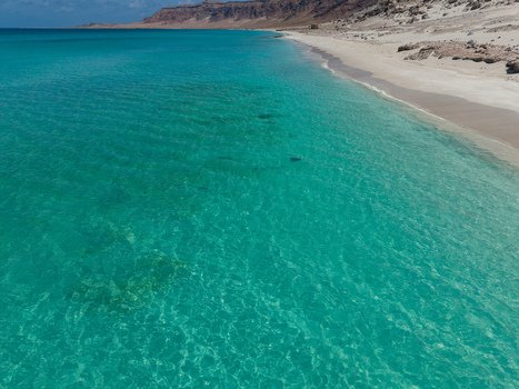Aerial view of turquoise waters meet the pale sands under the gaze of rocky cliffs Erissel Socotra Yemen.