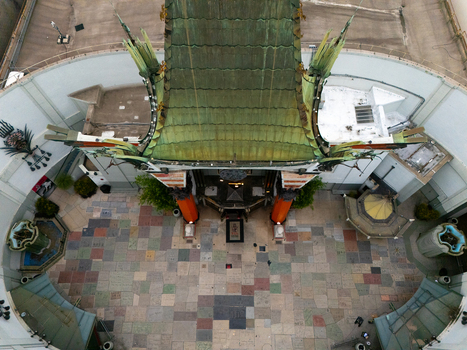 Los Angeles United States 25 September 2026 Aerial view of the historic TCL Chinese Theatre forecourt and Hollywood Walk of Fame featuring iconic handprints and footprints.