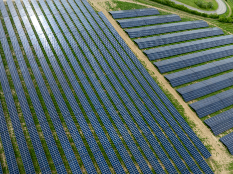Aerial view of rows of blue solar panels in a large solar farm on a green field with dirt paths.
