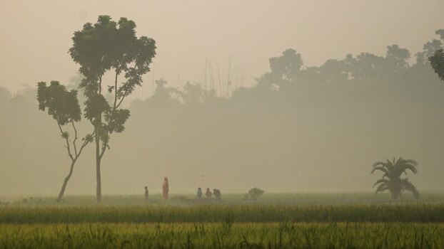 View of people in a misty rural field in Bogura Bangladesh.