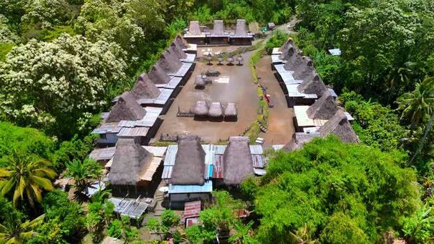 Aerial view of Tololela Traditional Village and lush forest Indonesia. Aerial view of Tololela Traditional Village and lush forest Indonesia.