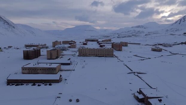 Aerial view of the abandoned town of Pyramiden Svalbard and Jan Mayen.