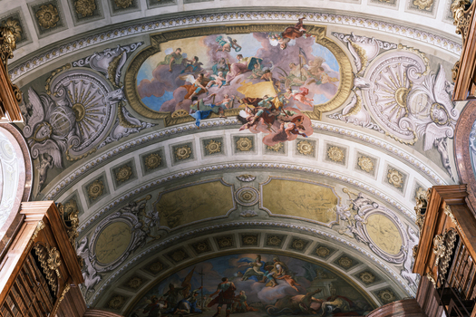 Vienna Austria 26 April 2026 View of the ornate baroque ceiling frescoes and decorative moldings in the State Hall of the Austrian National Library. Vienna Austria 26 April 2026 View of the ornate baroque ceiling frescoes and decorative moldings in the State Hall of the Austrian National Library.