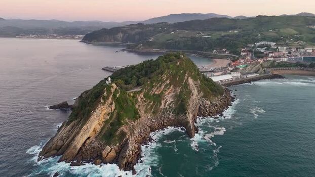 Aerial view of Getariako Itsasargia on the San Anton peninsula Spain.